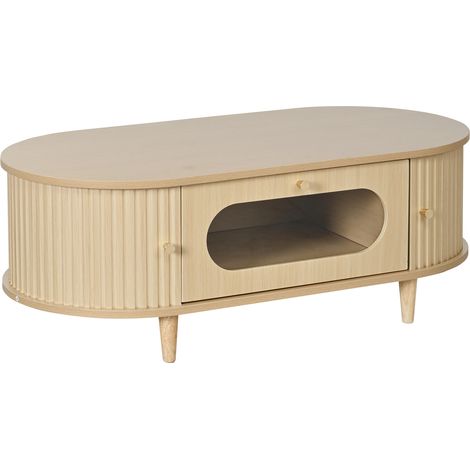 Table basse en bois couleur naturelle avec tiroir et portes roulantes 100 x 50 x 36 cm (1/5)