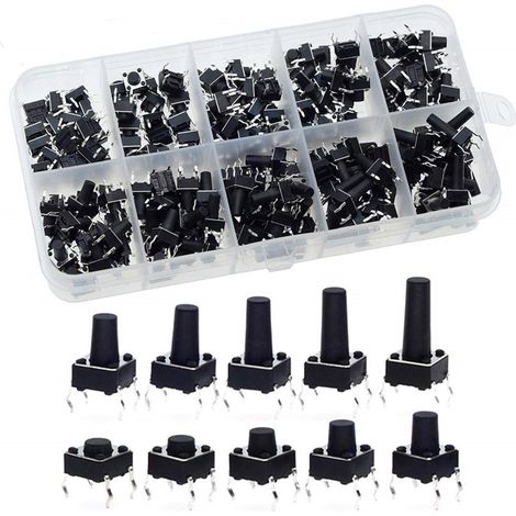 200 Stück taktile Drucktastenschalter mit 10 Werten, 6 x 6 mm, Schaltersortiment, schwarz