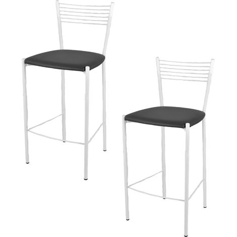 Tommychairs - Set 2 sgabelli alti modello Elegance per cucina e bar, struttura in acciaio verniciata colore bianco e seduta imbottita e rivestita in pelle artificiale colore grigio scuro (1/4)