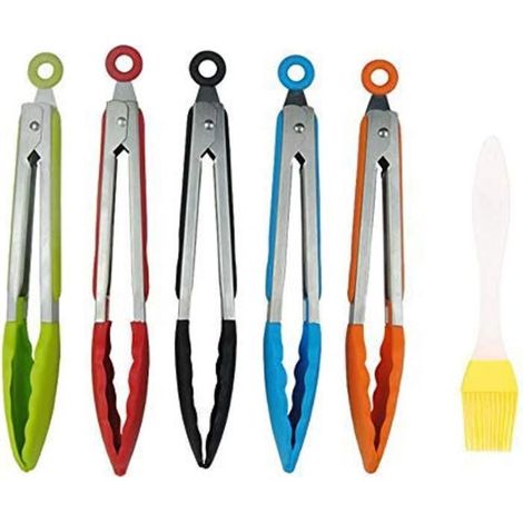 Pince Cuisine,Lot de 5 pinces de cuisine en acier inoxydable et silicone résistant à la chaleur pour barbecue,salade,buffet,6 pcs (1/4)