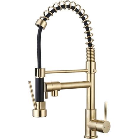 – Küchenarmatur in Gold mit Ausziehbrause – ESSEFIX-System für einfache Installation – Inklusive flexiblem und ummanteltem Schlauch – ACS-zertifiziert (1/5)