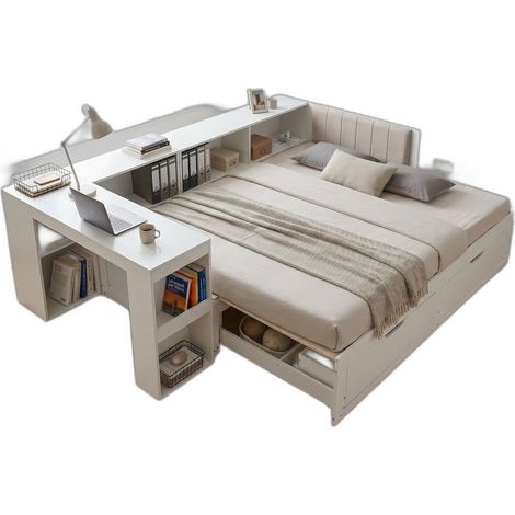 Lit extensible 90x200 cm avec bureau intégré, rangements sous le lit et prise EU - Blanc mat (1/5)