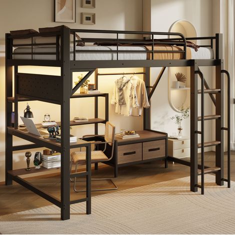 Lit mezzanine 140 x 200 cm avec bureau, étagères, tiroirs tissu, USB et LED, métal MDF noir (1/5)
