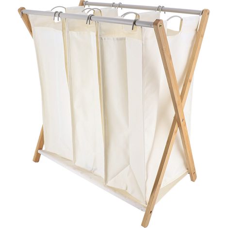Panier à linge en Bambou 3 compartiments amovibles en tissu Naturel H 76 cm - TENDANCE (1/3)