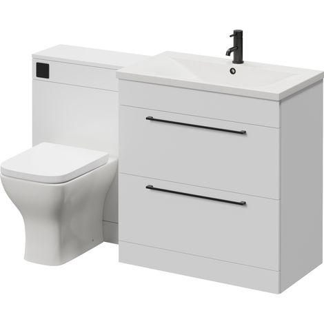 Napoli 460 Cento Gloss White 1400mm 2 Drawer Vanity Unit Toilet Suite with Glide Basin - 1400mm - Matt Black 480mm HandleWith Kingston Toilet Pan and Seat