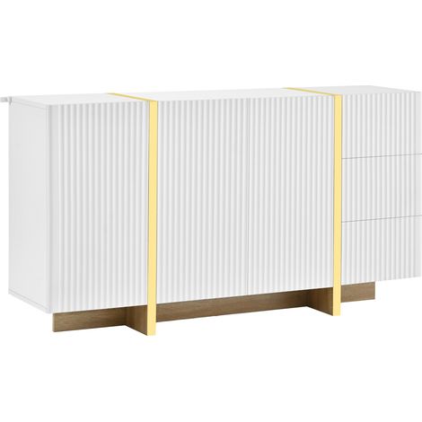 Credenza bianca 140 cm con 3 ante, 3 cassetti, finiture dorate e base effetto legno (1/5)