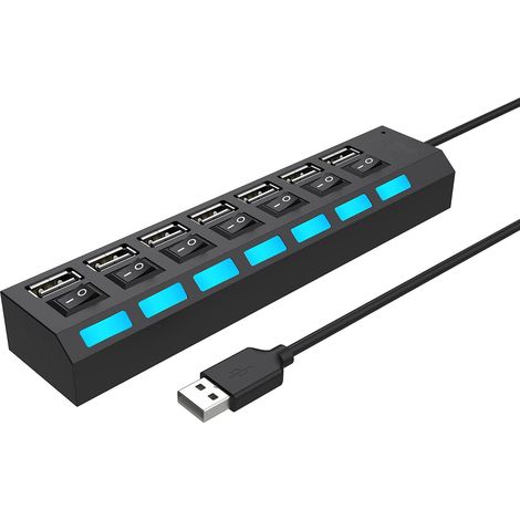 Répartiteur USB multiport, hub USB 2.0 7 en 1 avec interrupteurs marche/arrêt individuels haute vitesse et LED (7 ports USB A) (1/5)
