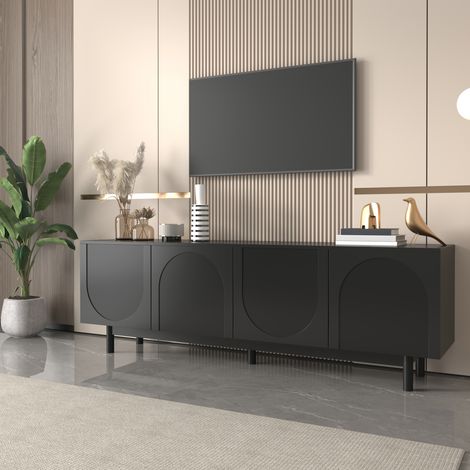 Meuble TV 175 cm avec 4 Portes Sculptées Arches, Ouverture Push-to-Open, Étagères Réglables, Pieds Stables, Console TV pour Salon Style Minimaliste Contemporain - Noir (1/5)