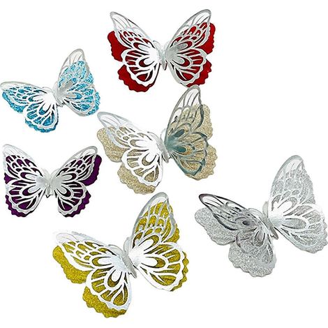 Lot de 6 papillons décoratifs 3D – Ailes double couche – Paillettes métalliques amovibles pour chambre et fête - Argent (1/5)