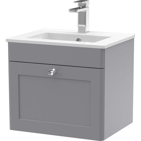Nuie Classique Satin Grey 500mm Wall Hung Single Drawer Vanity Unit and 18mm Profile Basin - CLC291C (1/5)