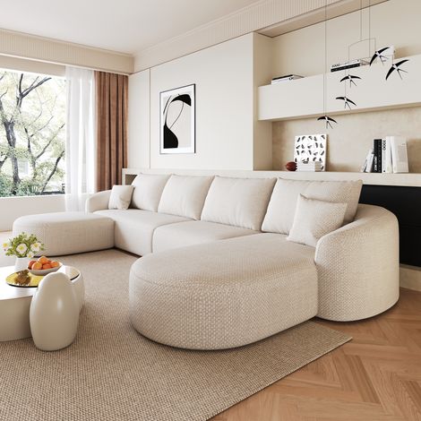Grand canapé d'angle courbe droite 4 places avec pouf en tissu chenille,Compressé sans montage,Mousse haute densité,Design moderne,336x168x85cm,Beige (1/5)