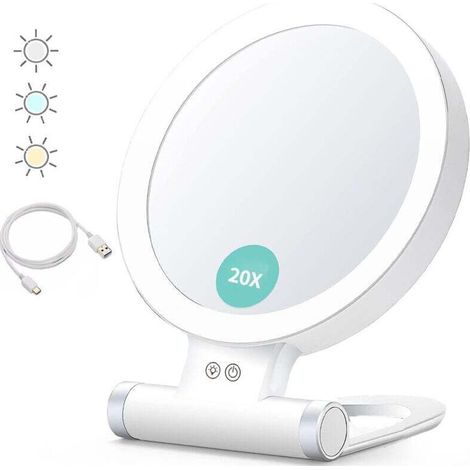 Lente d'ingrandimento con luce, 20x/1x, a doppia faccia, specchio da trucco portatile, illuminazione tricolore, schermo touch con luminosità regolabile.