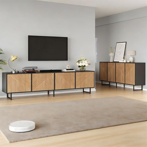 Meuble TV 4 portes 180cm + buffet bas 160cm en bois massif naturel et noir, ensemble rangement salon, armoire TV pour écran 80 pouces, dimensions 160x40x75 et 180x40x50 cm. (1/5)