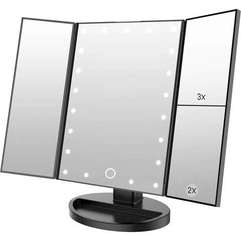 Espejo de Maquillaje 2X/3X Aumento 22 Luces LED Interruptor Táctil Diseño Triple 180° Rotación Bandeja Espejo Cosmético (1/4)