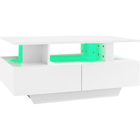 Tavolino da salotto moderno bianco lucido con LED e 2 cassetti 90x55x41 cm (1/5)