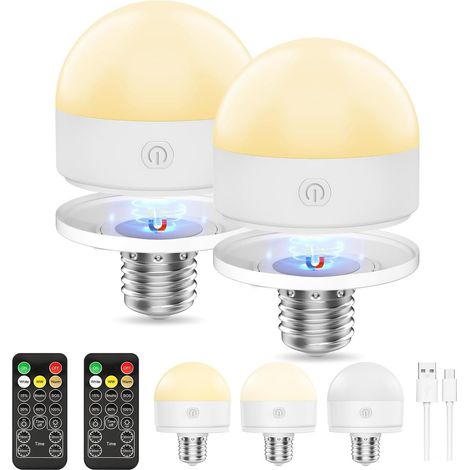 Ampoule Rechargeable Avec Batterie, Ampoule À Batterie Amovible Dimmable 3 Couleurs Avec Télécommande Et Minuterie Pour Lampes Décoratives Non Câblées (Lot De 2) (1/5)