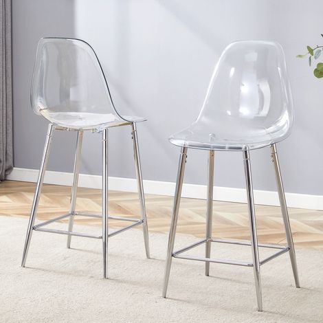 Taburete de bar de plástico transparente con estructura metálica plateada, diseño moderno con reposapiés (1/5)