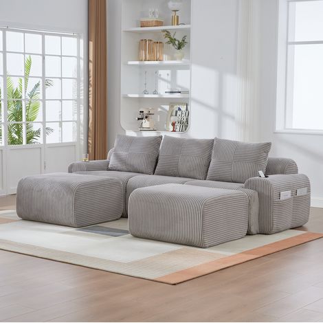 Sofa aus Cordstoff in Hellgrau, modularer 3-Sitzer, 268x174x80 cm, mit Cupholder und seitlicher Aufbewahrungstasche (1/5)