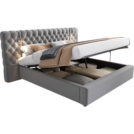 Cama canapé 160 x 200 cm de terciopelo gris con LED, cabecero acolchado y somier de láminas (1/5)