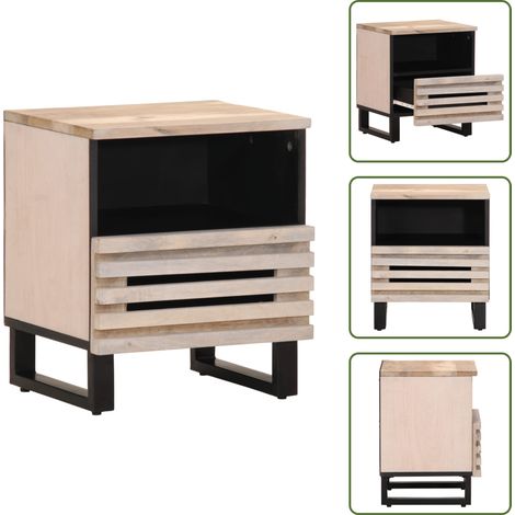 The Living Store Table de chevet 40x34x46 cm bois de manguier massif blanchi - Table De Chevet - Table De Nuit - Mobilier Industriel - Meuble Design - Bois De Manguier (1/5)
