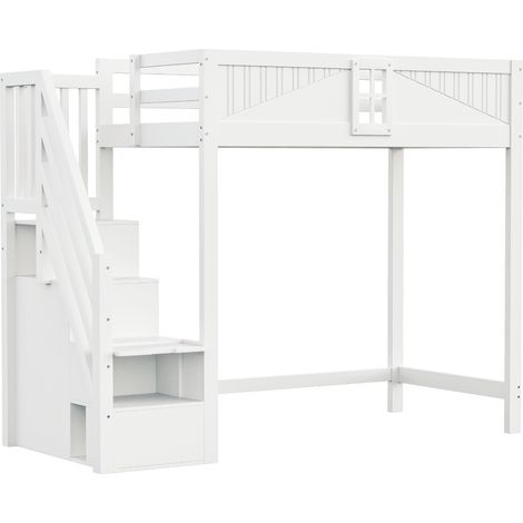 Letto a soppalco 90 x 200 cm in legno bianco con scala laterale reversibile e spazio contenitore (1/5)