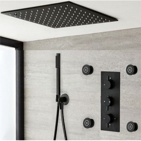 Milano Nero Black Concealed Triple Diverter Thermostatic Mixer Shower Valve with 400mm Square Ceiling Mounted Recessed Rainfall Shower Head  Hand Shower Handset Kit and Body Jets