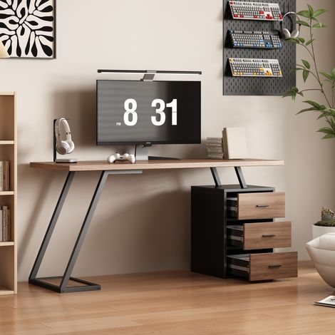 Bureau industriel avec 3 tiroirs, rangement réglable, support unité centrale, fermeture douce et grand plateau bois foncé et métal noir pour bureau et salon – CHICFURN (1/5)