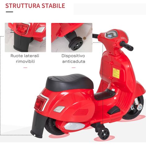 Moto électrique adaptée aux enfants de 18 à 36 mois, avec plaque d'immatriculation officielle Vespa, phare et klaxon, dimensions 66,5 x 38 x 52 cm, rouge. (1/5)