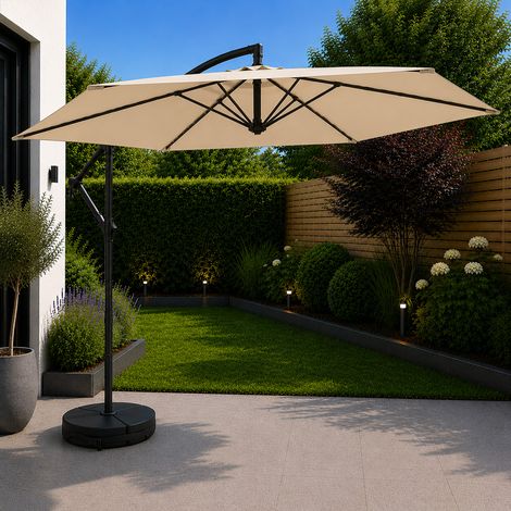 3m Cantilever Banana Garden Parasol with Crank Handle in Beige with Base Bag Included (1/5)