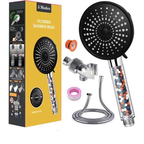Pomme de douche avec flexible de 1,5 m, pomme de douche à économie d'eau, grande pomme de douche anticalcaire (120 mm), pomme de douche haute pression avec 5 types de jets, livrée avec bras de support (1/5)