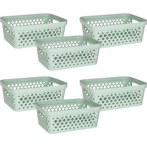 Lot de 6 paniers de rangement en plastique Bacs de rangement ouverts pour étagères, salle de bain, garde-manger, placard Boîtes de rangement gigognes avec poignées, 7 litres, sauge (1/5)