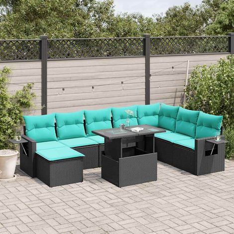 9-teiliges Gartensofa-Set mit Kissen, schwarzes Polyrattan (1/5)