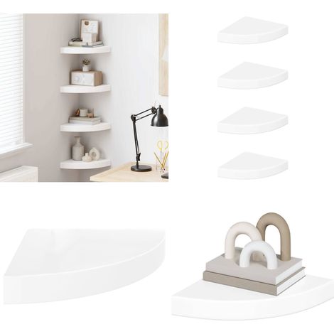 Étagères d'angle flottantes 4pcs blanc brillant 25x25x3,8cm MDF - Étagères Murales - Étagères D'angle - Étagères Flottantes - Décoration Murale - Rangement Mural - Home & Living (1/5)