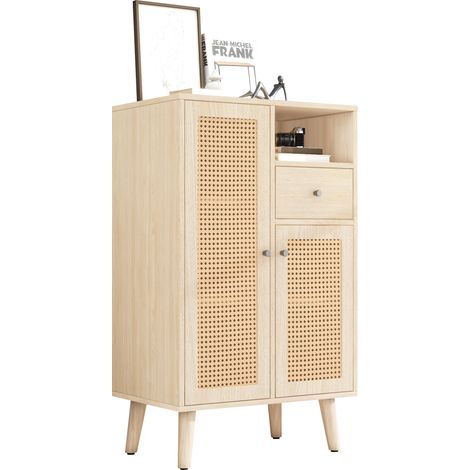 Sideboard imitation bois, 2 portes en rotin, 1 tiroir, armoire d'angle, commode, armoire de rangement au sol Sideboard avec grand espace de rangement, 6040101cm