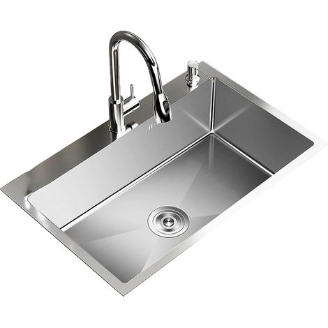Évier de cuisine (avec robinet extractible et panier de vidange) — Évier-poste de travail en acier inoxydable (19,7" x 15,7" x 7,9") (1/5)