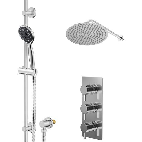 Wholesale Domestic Circo Polished Chrome Concealed Triple Thermostatic Shower Valve and 300mm Thin Round Fixed Head with Wall Arm and Clyde Slide Rail Kit with Round Elbow - 2 Outlet (1/5)