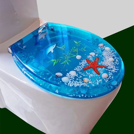 (blue dolphin-normal) Magnifique abattant de toilette en résine, en acier inoxydable, silencieux et épais, compatible avec les toilettes U/V/O. Abattant de toilette universel. (1/5)