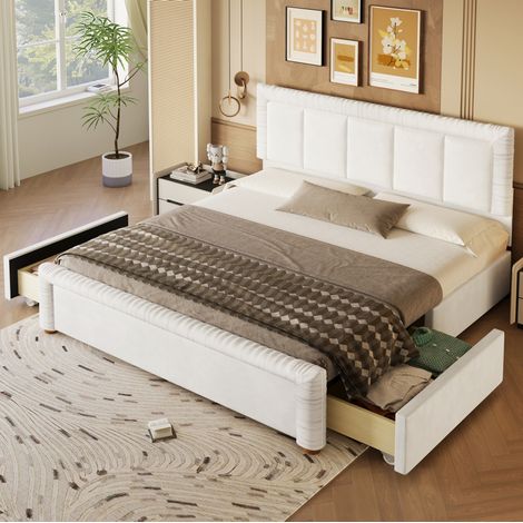 Cama 180x200 cm de terciopelo beige con 2 cajones de almacenaje modulables - CHICFURN (1/5)