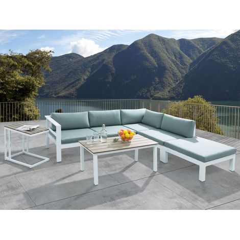 Conjunto de sala de estar 5 plazas de metal blanco madera clara verde menta cojines mesa Messina (1/5)