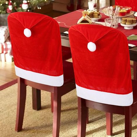 4 housses de chaise de Noël, housses de dos de chaise en chapeau de Père Noël pour décoration de salle à manger et de maison de Noël (rouge) (1/4)