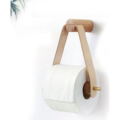 Porte-Papier Toilette - Bois de Hêtre - Support Mural Triangulaire avec Poignée en Cuivre et Lanière en Cuir Blanc - Salle de Bain Cuisine WC - 1 Pièce (1/5)