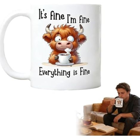 Tasse humoristique en céramique de vache des Highlands de 325 ml, tasse à café sarcastique avec citation It's Fine I'm Fine, tasse à thé fantaisie en forme d'animal pour la maison, le bureau, cadeau (1/5)