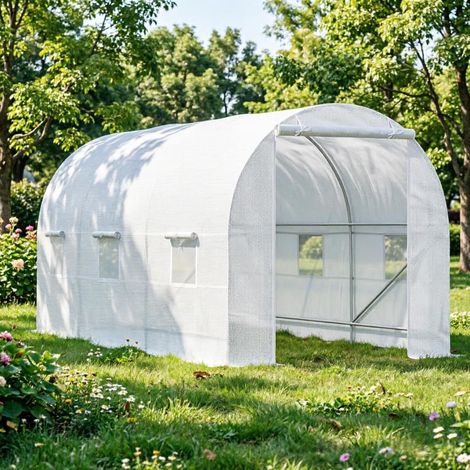 Kit de serre tunnel de jardin de grande taille (4,57 m x 2,13 m x 2,13 m) avec 6 fenêtres pliantes et portes à cadre en acier, blanc, adapté aux serres de jardin. (1/5)