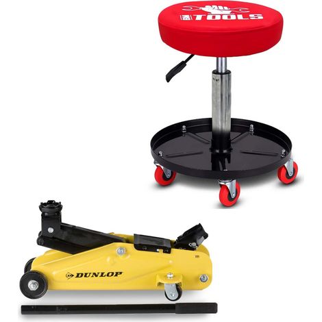 Chariot de garagiste BM TOOLS pivotant réglable & Cric Rouleur Hydraulique Compact DUNLOP 2T - Supports OUTILS, Réparation Auto (1/5)