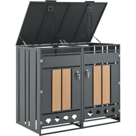 Coperchio con serratura per 2 bidoni - Casetta da giardino con fori di ventilazione - 132 x 80 x 124,5 cm - Acciaio zincato - Grigio