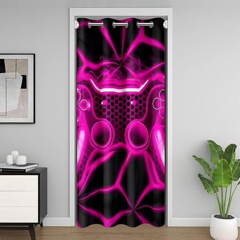 Rideau de Porte Gamer pour Enfants,Rideau Occultant Gaming,Rideaux de Placard Console de Jeux Vidéo,Rideaux Occultant Poignée de Jeu Géométrique Néon,86 x 203 cmRose Violet - 86L X 203H cm (1 Panneaux (1/5)
