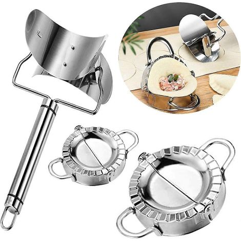 Ensemble de 3 pièces en acier inoxydable pour la fabrication de raviolis : 1 machine à pâte à raviolis, 2 moules à raviolis de tailles différentes, presse à raviolis et empanadas chinoises. (1/5)