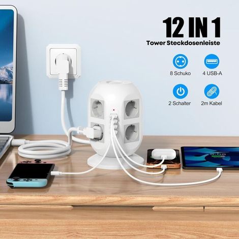 All-in-one power strip - 8 AC outlets and 2 USB ports with surge protection, 2m cable, double switch for home, office or student room (White) (1/4)