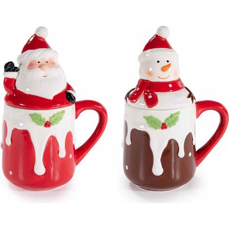 Tasses de Noël effet nappage, houx et Père Noël ou bonhomme de neige sur le couvercle, lot de 4, diam. 9 x H. 10 cm