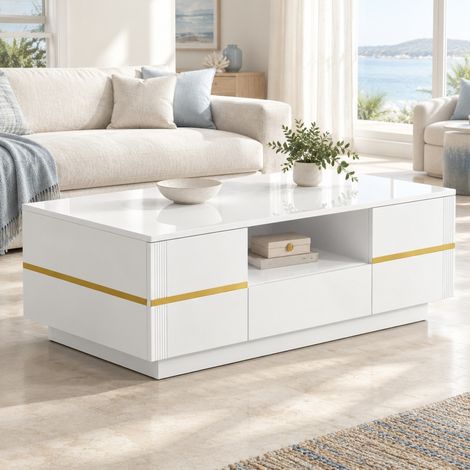 Mesa de centro con almacenaje 100x50 cm MDF blanco y detalles dorados - CHICFURN (1/5)